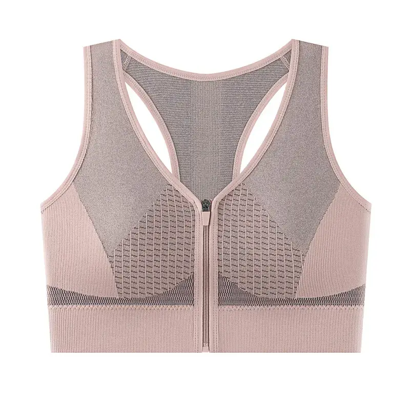 Women's Front Zipper Sports Bra Grey White Mesh Back