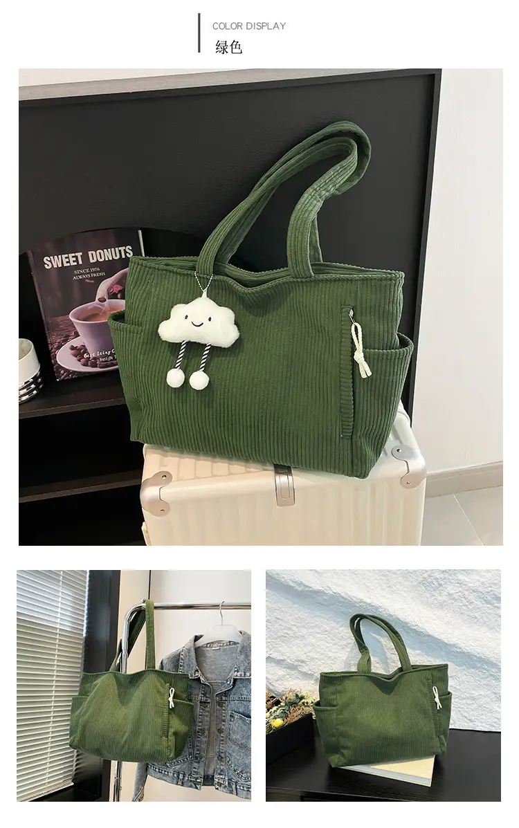 Retro Corduroy Shoulder Bag Women's Artistic Tote — feature 14