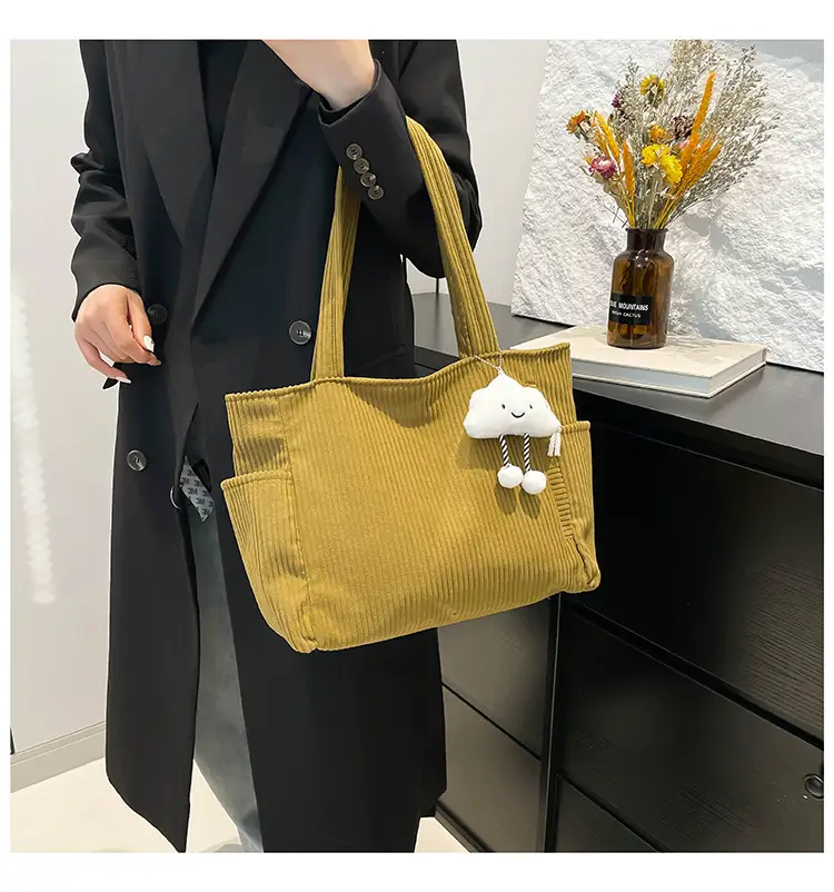 Retro Corduroy Shoulder Bag Women's Artistic Tote — feature 17