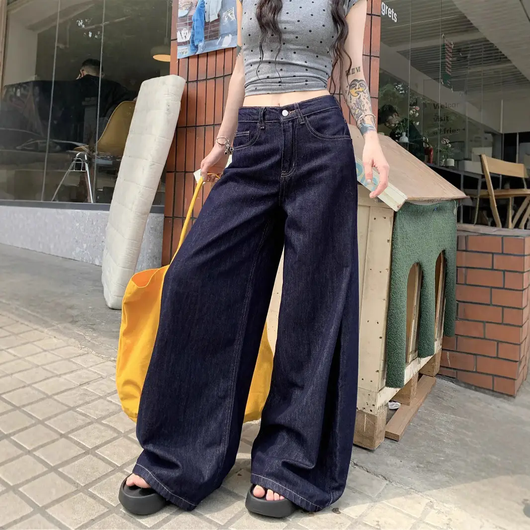 Women's Dark Blue Wide Leg Jeans American Style