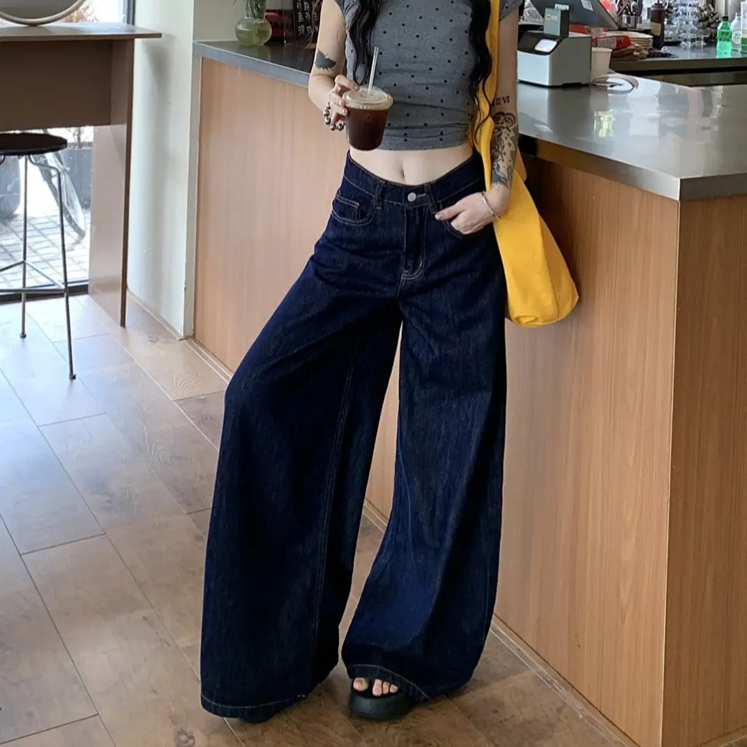 Women's Dark Blue Wide Leg Jeans American Style