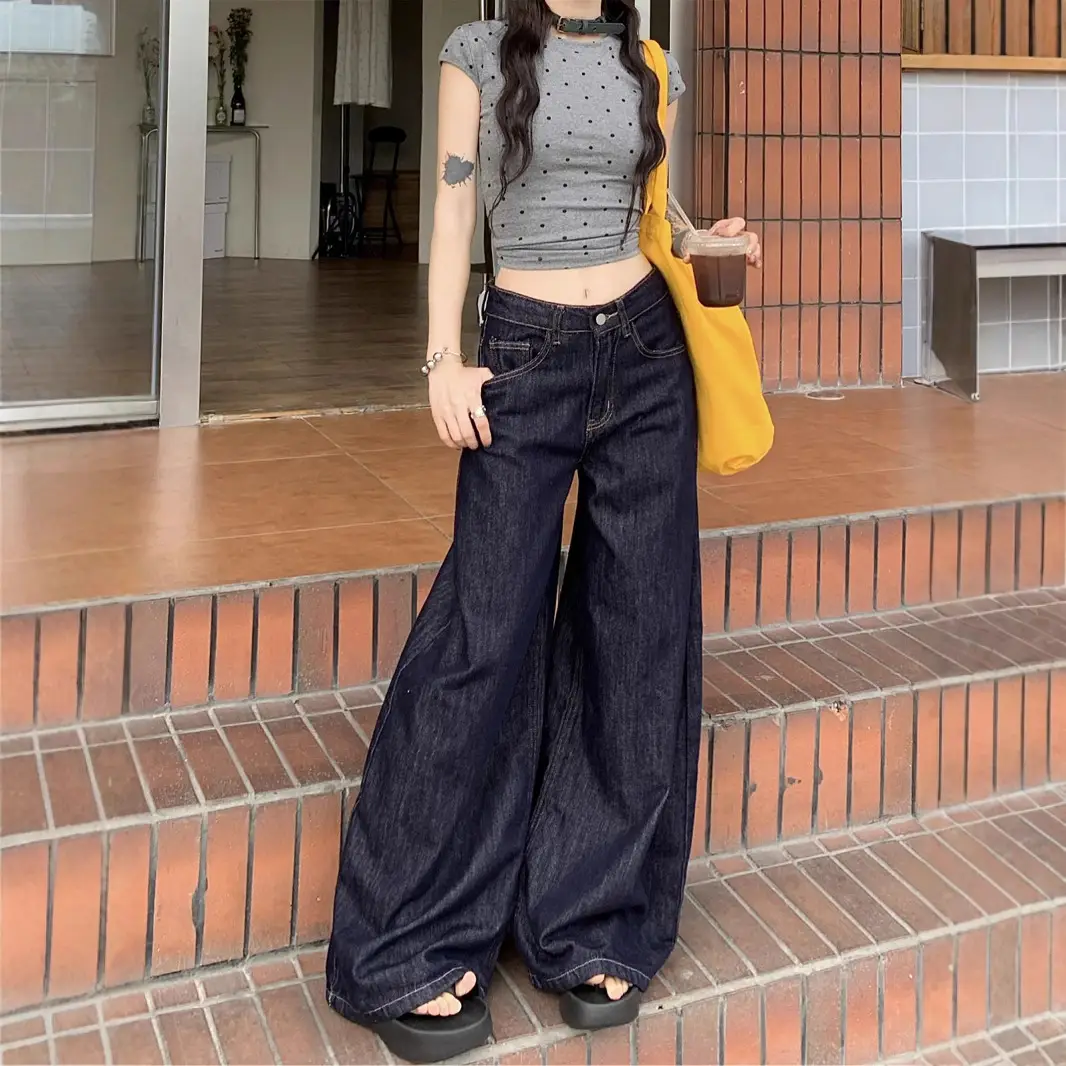 Women's Dark Blue Wide Leg Jeans American Style