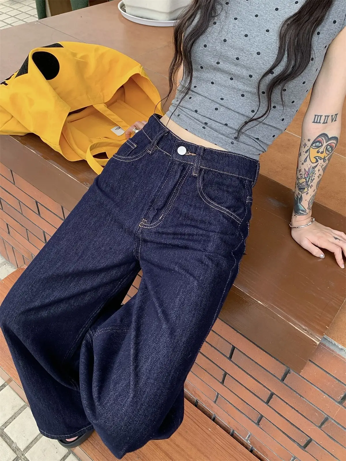 Women's Dark Blue Wide Leg Jeans American Style — feature 11