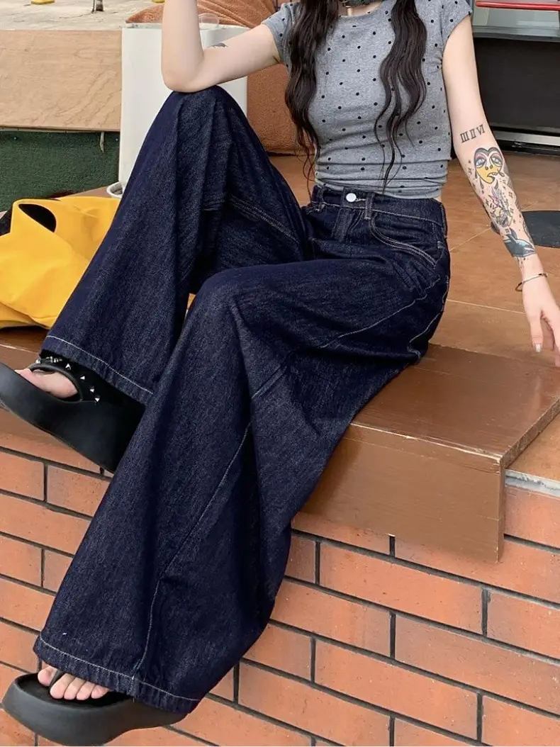 Women's Dark Blue Wide Leg Jeans American Style — feature 12