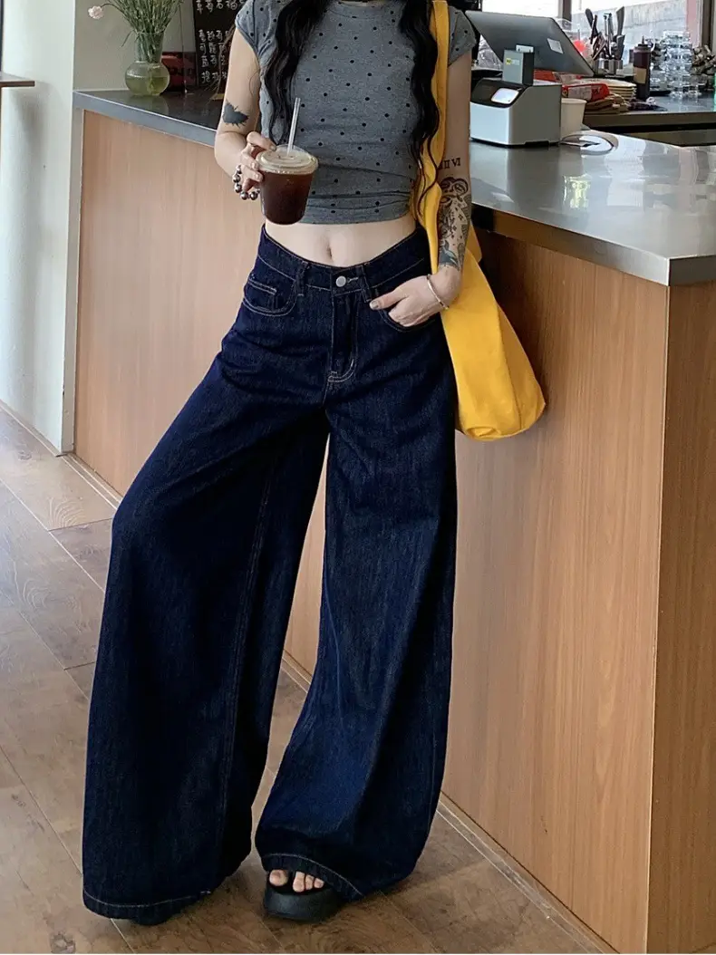 Women's Dark Blue Wide Leg Jeans American Style — feature 6