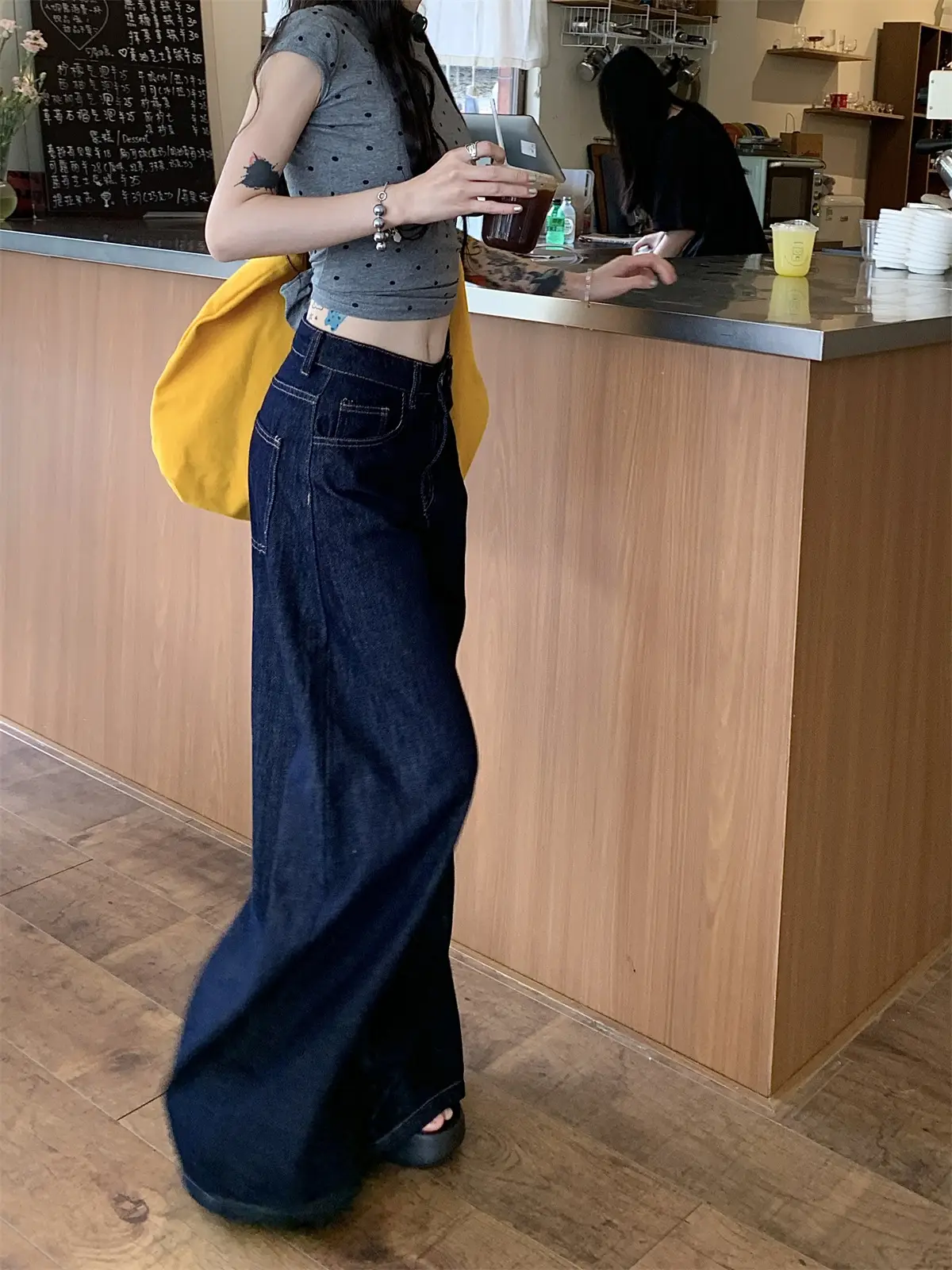 Women's Dark Blue Wide Leg Jeans American Style — feature 7
