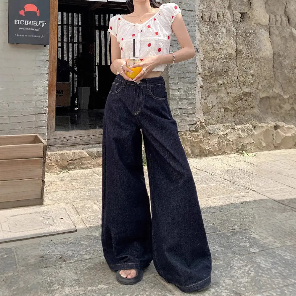 Dark Blue Wide Leg Jeans 2025 Autumn Loose Fit