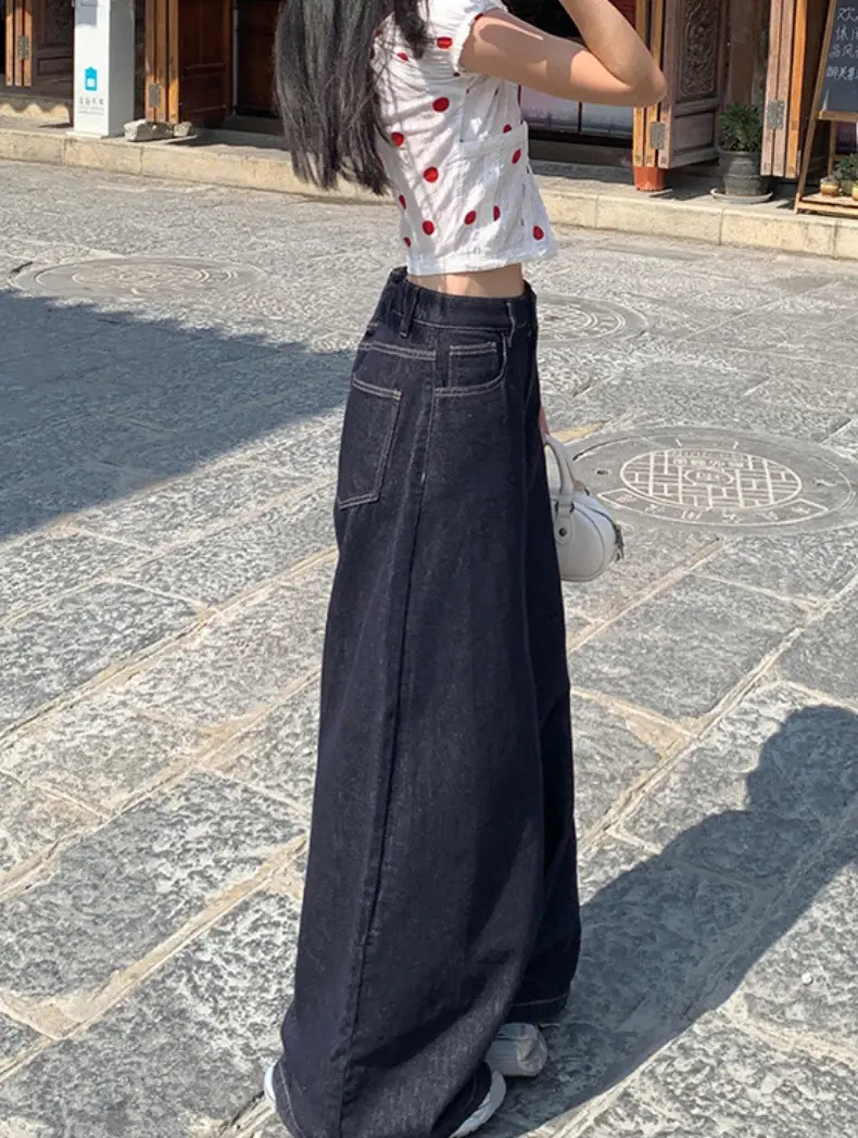 Dark Blue Wide Leg Jeans 2025 Autumn Loose Fit — feature 11