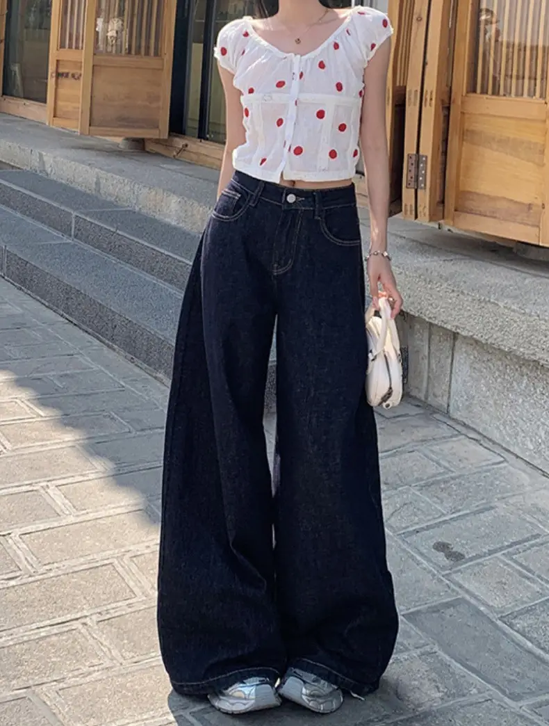 Dark Blue Wide Leg Jeans 2025 Autumn Loose Fit — feature 17