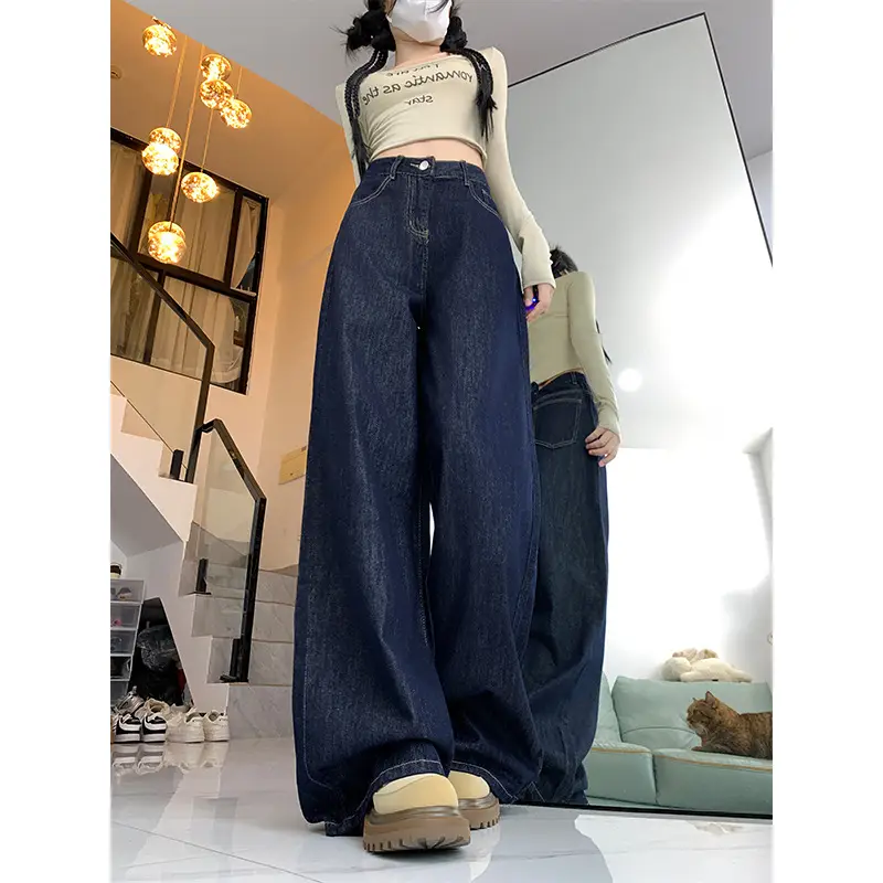 Dark Blue High Waist Wide Leg Jeans Women Spring Autumn