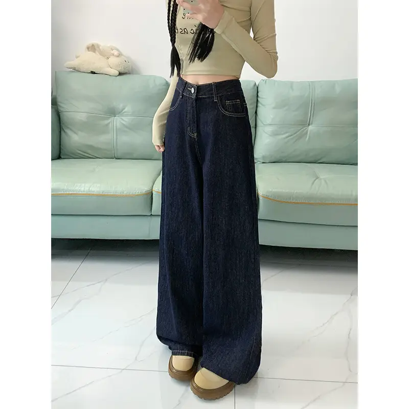 Dark Blue High Waist Wide Leg Jeans Women Spring Autumn