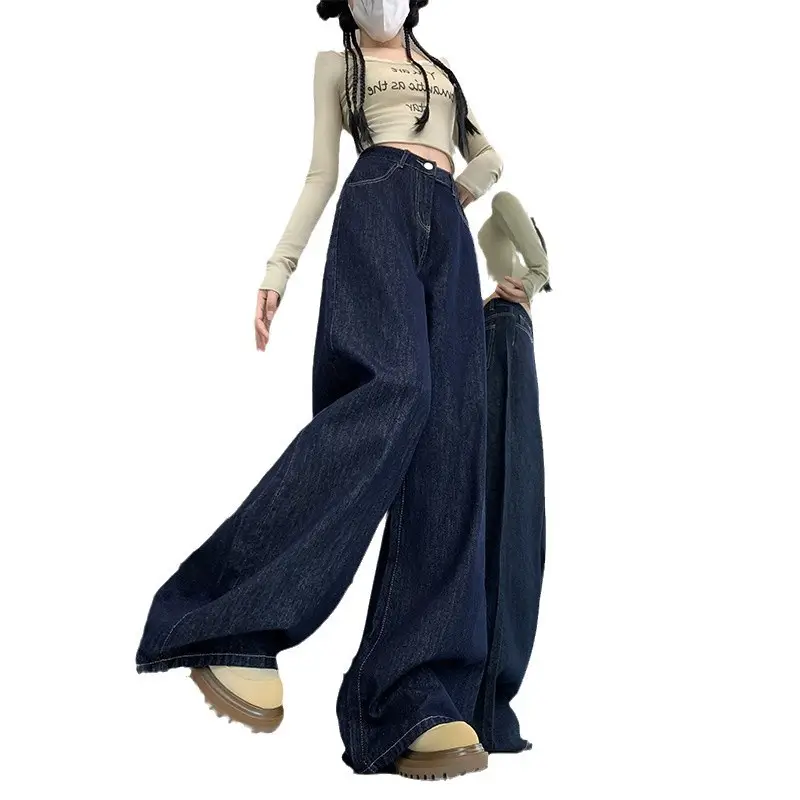 Dark Blue High Waist Wide Leg Jeans Women Spring Autumn