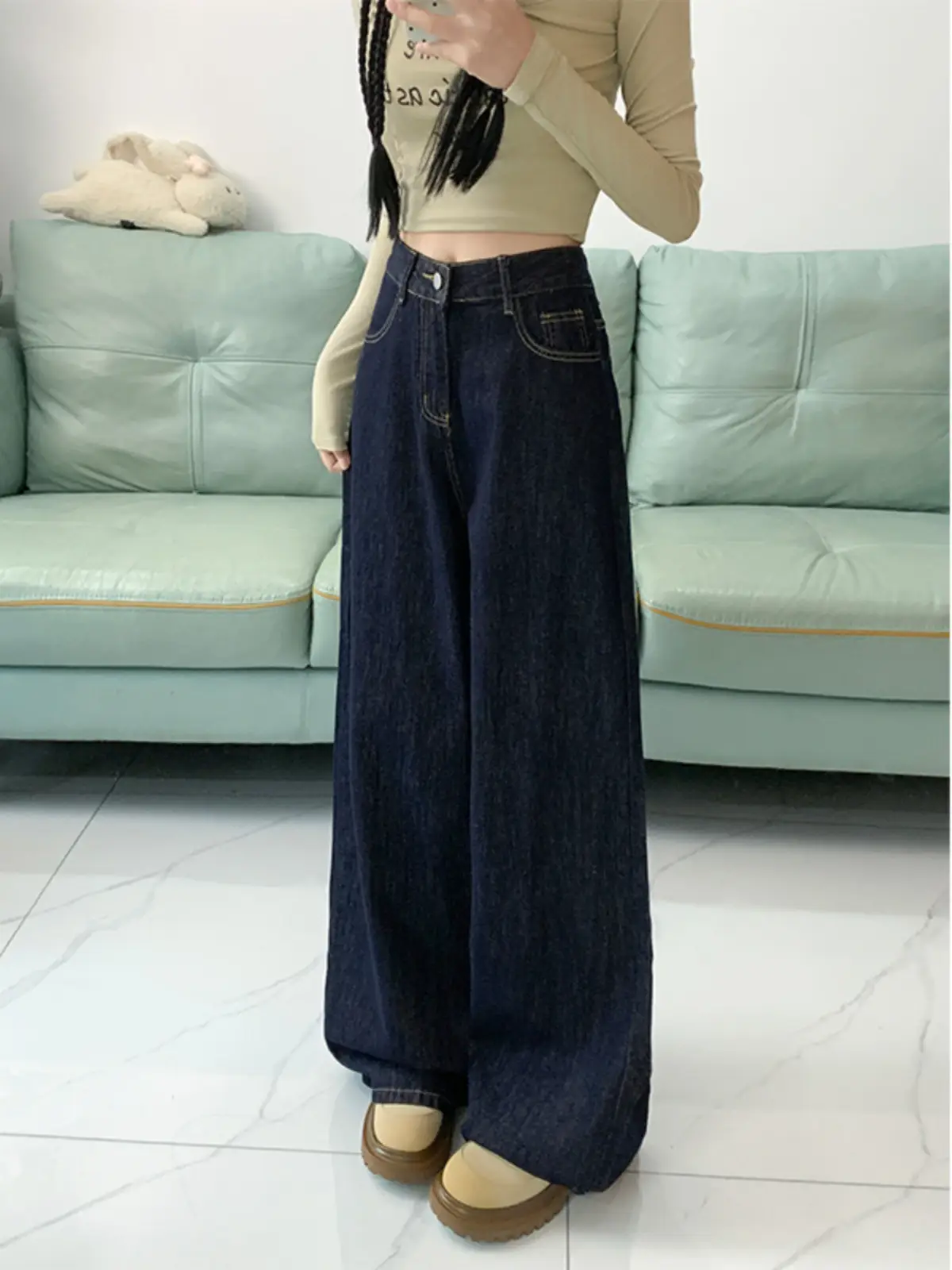Dark Blue High Waist Wide Leg Jeans Women Spring Autumn — feature 2
