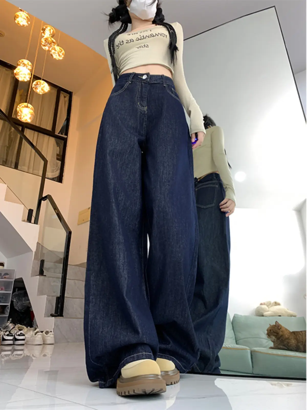 Dark Blue High Waist Wide Leg Jeans Women Spring Autumn — feature 3