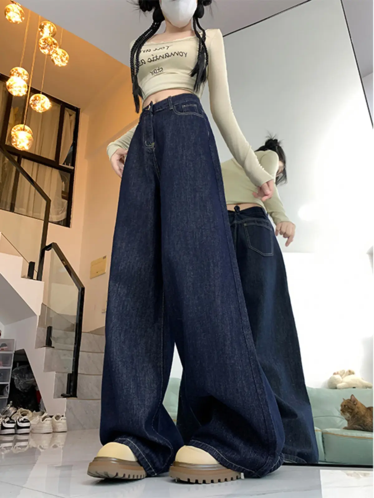 Dark Blue High Waist Wide Leg Jeans Women Spring Autumn — feature 4