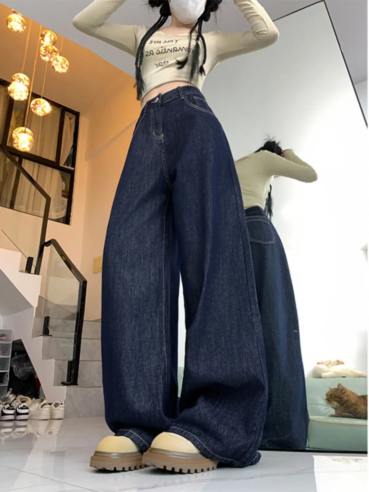 Dark Blue High Waist Wide Leg Jeans Women Spring Autumn — feature 6