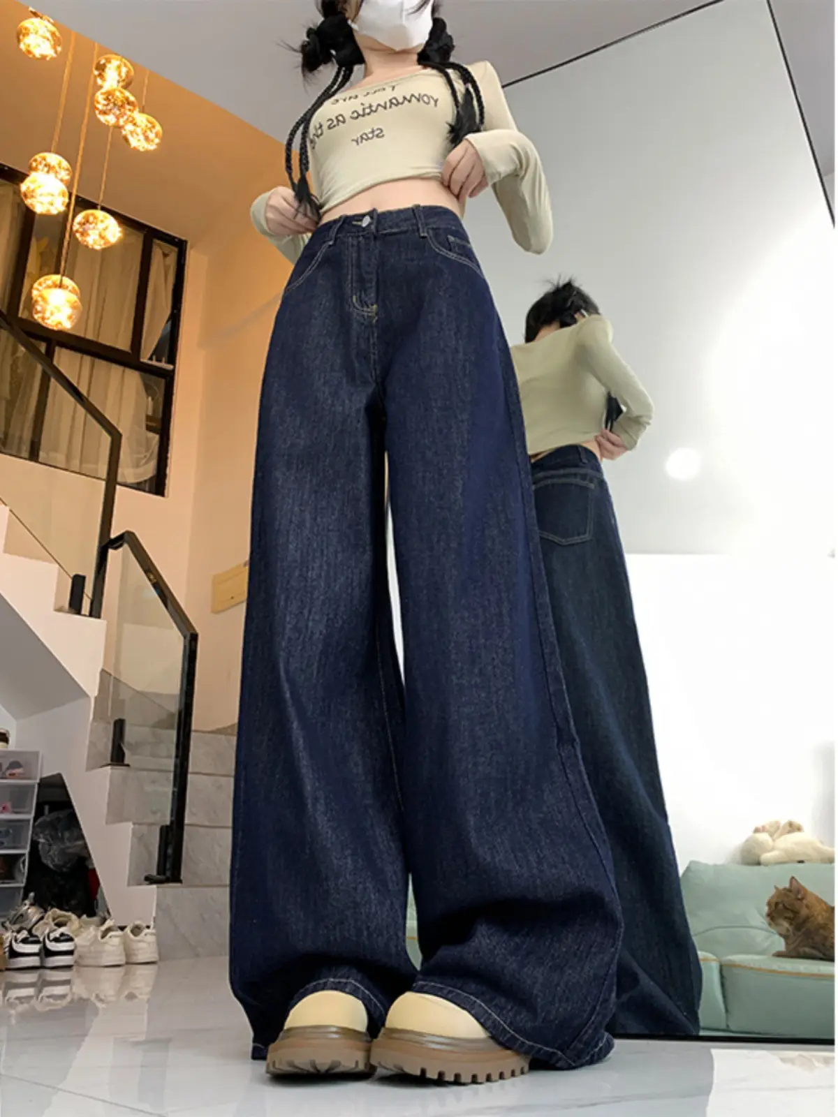 Dark Blue High Waist Wide Leg Jeans Women Spring Autumn — feature 7