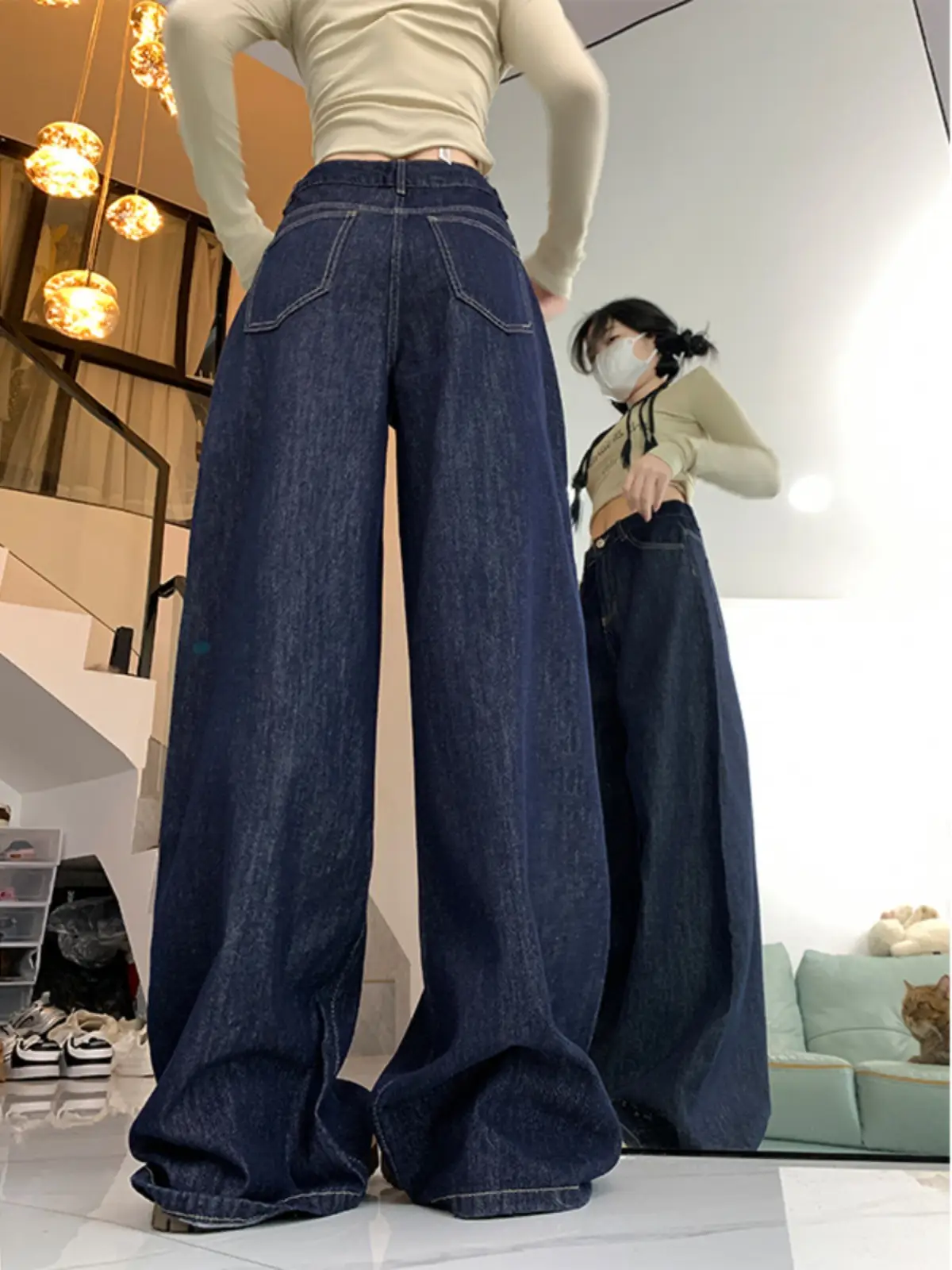 Dark Blue High Waist Wide Leg Jeans Women Spring Autumn — feature 8