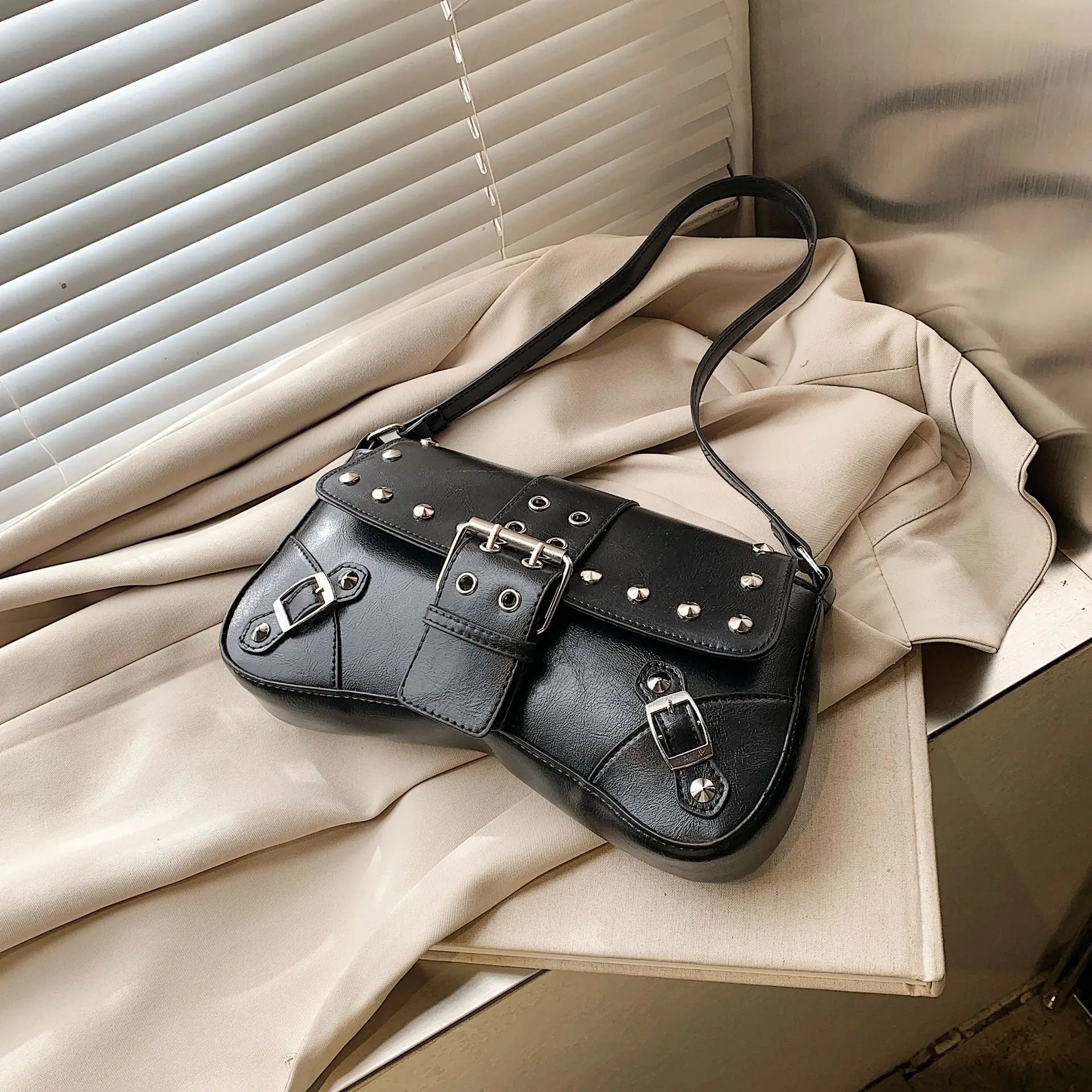 Black Leather Shoulder Bag with Metal Buckles