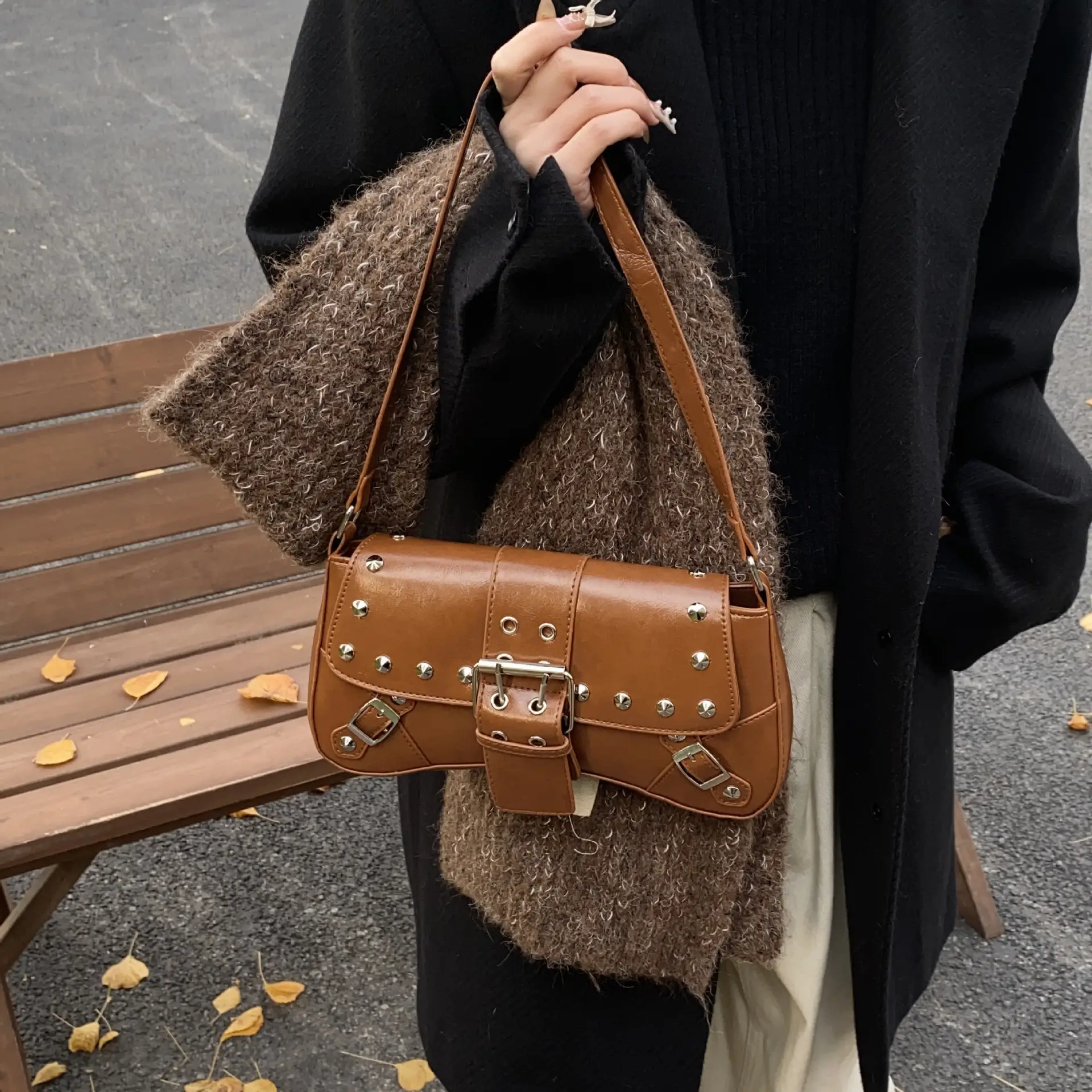 Black Leather Shoulder Bag with Metal Buckles
