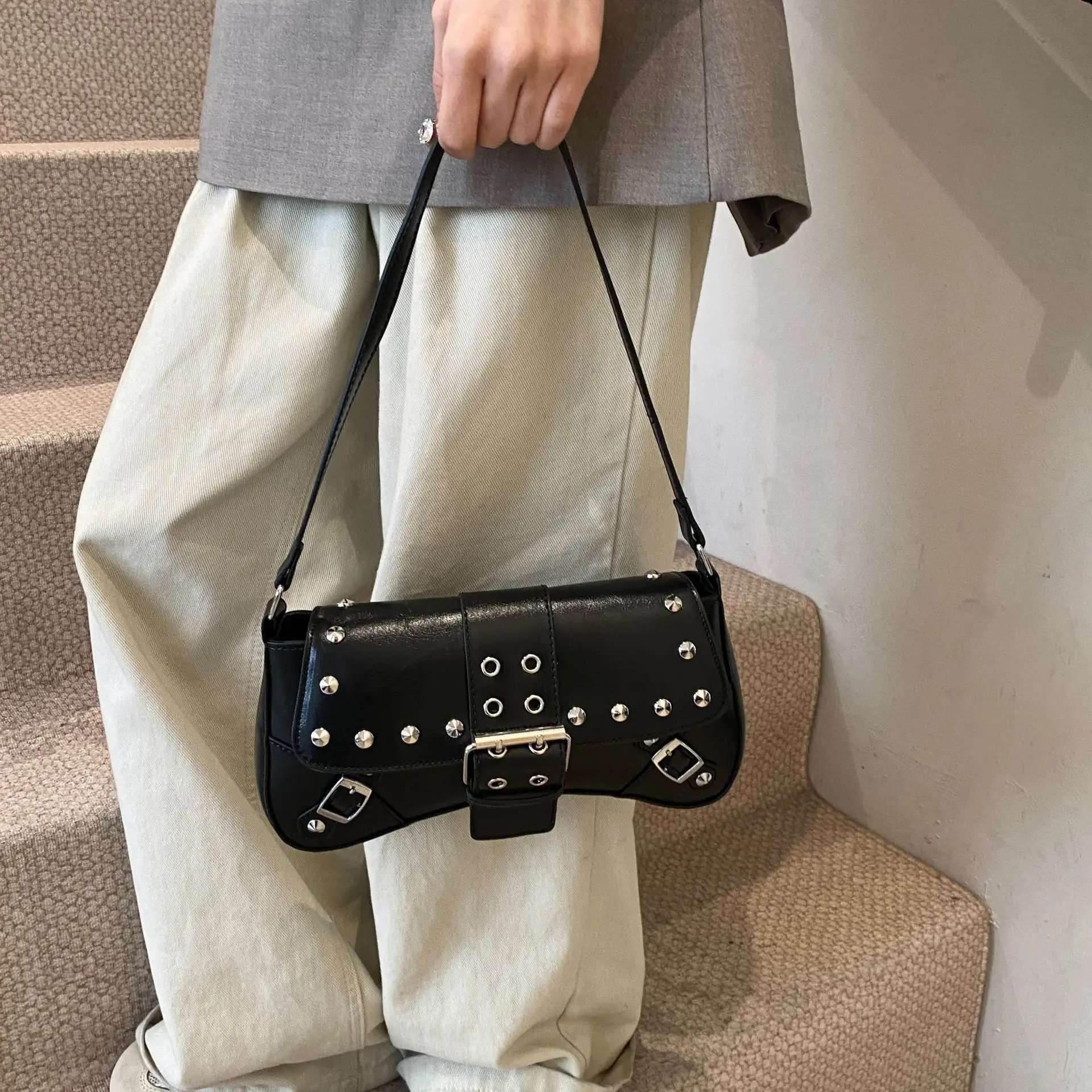 Black Leather Shoulder Bag with Metal Buckles