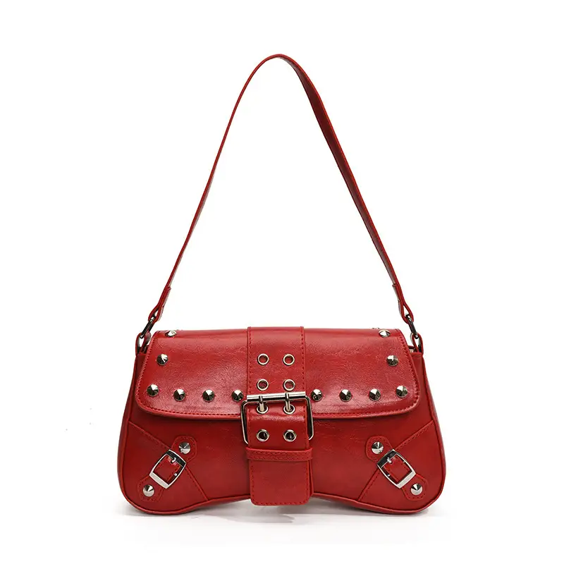 Black Leather Shoulder Bag with Metal Buckles