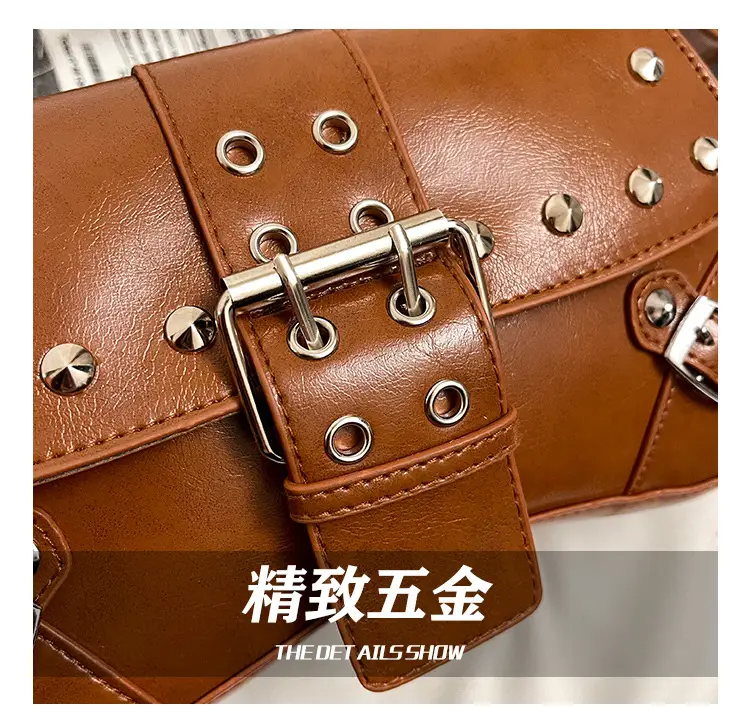 Black Leather Shoulder Bag with Metal Buckles — feature 10