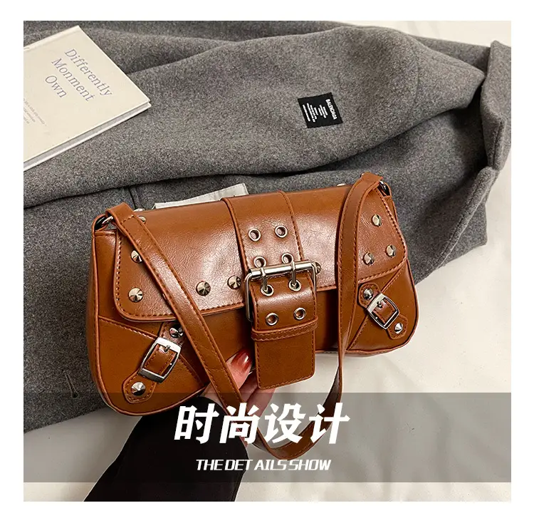 Black Leather Shoulder Bag with Metal Buckles — feature 11