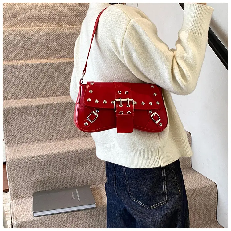 Black Leather Shoulder Bag with Metal Buckles — feature 13