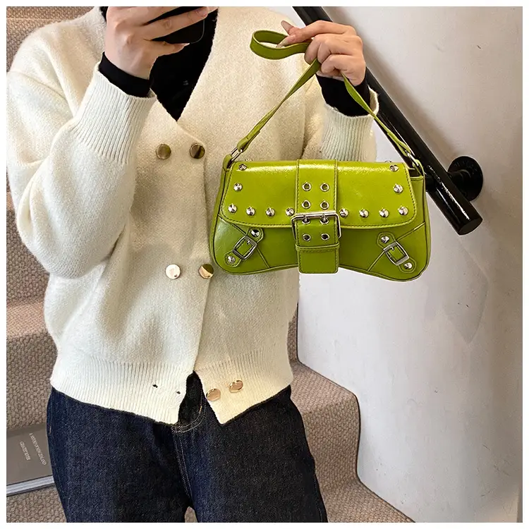 Black Leather Shoulder Bag with Metal Buckles — feature 15