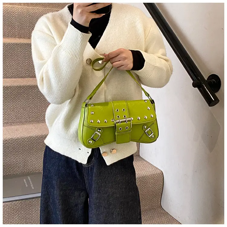 Black Leather Shoulder Bag with Metal Buckles — feature 16