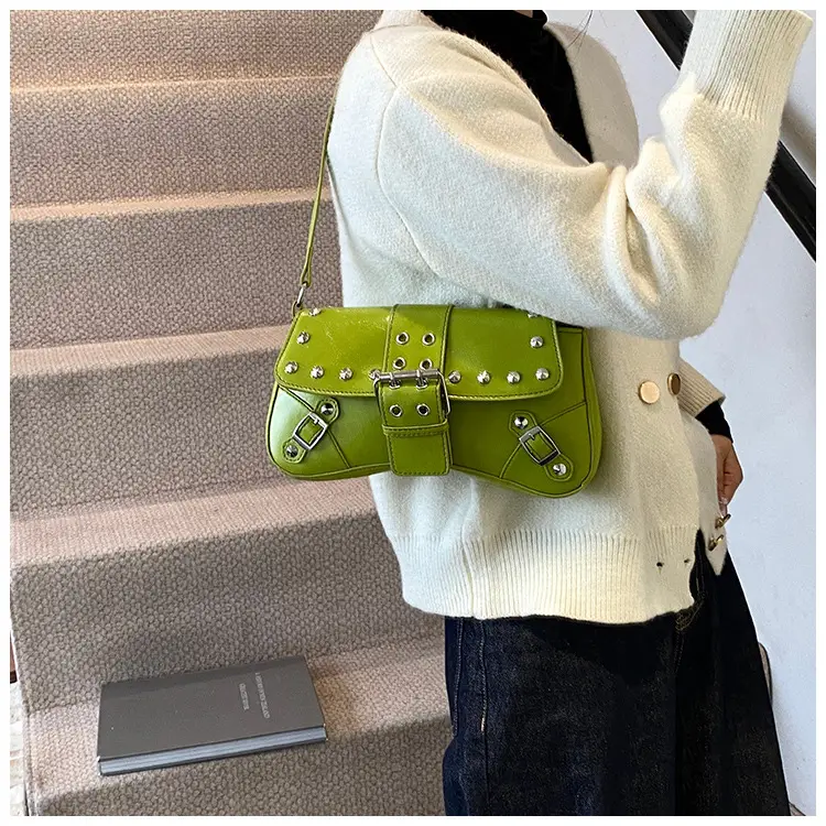 Black Leather Shoulder Bag with Metal Buckles — feature 17