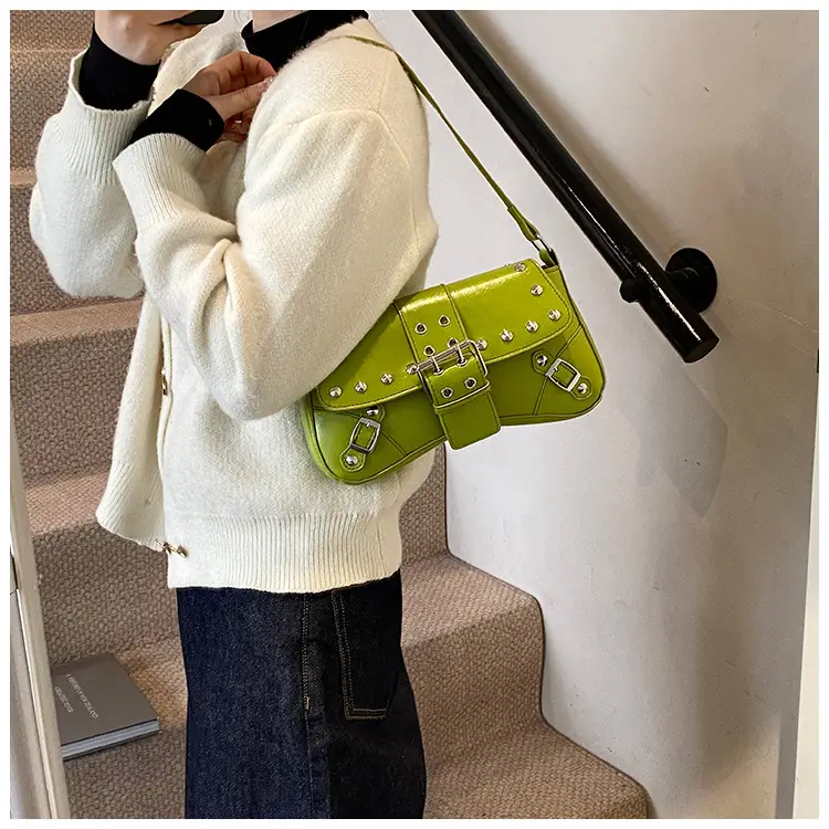 Black Leather Shoulder Bag with Metal Buckles — feature 18