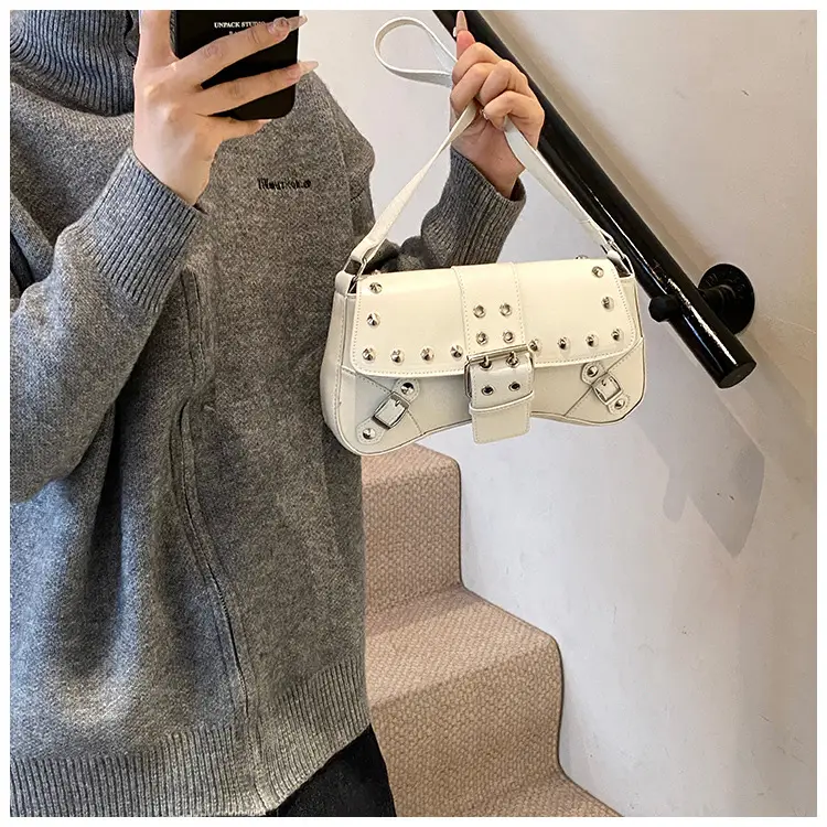 Black Leather Shoulder Bag with Metal Buckles — feature 19