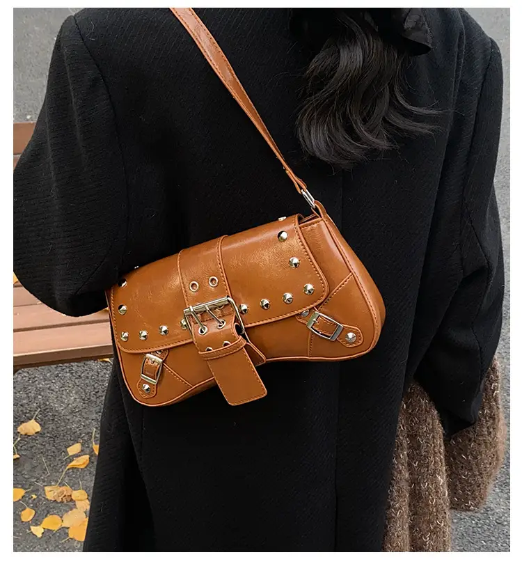 Black Leather Shoulder Bag with Metal Buckles — feature 2
