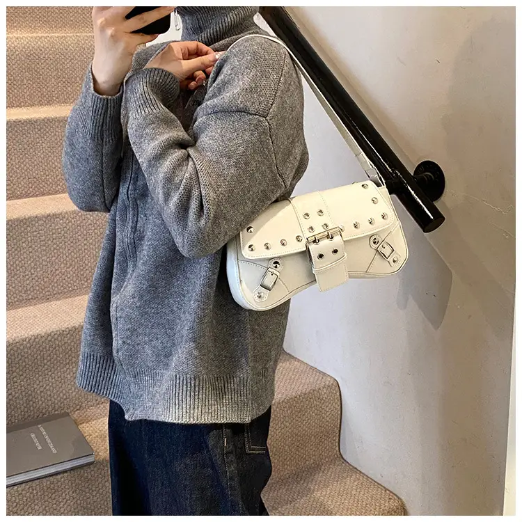 Black Leather Shoulder Bag with Metal Buckles — feature 20