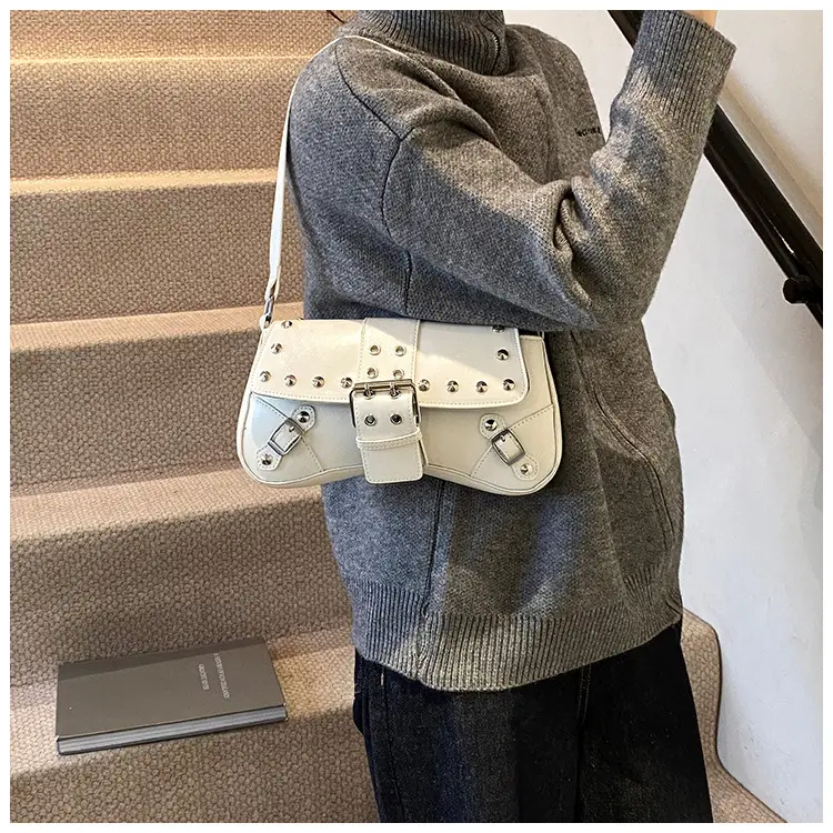 Black Leather Shoulder Bag with Metal Buckles — feature 21