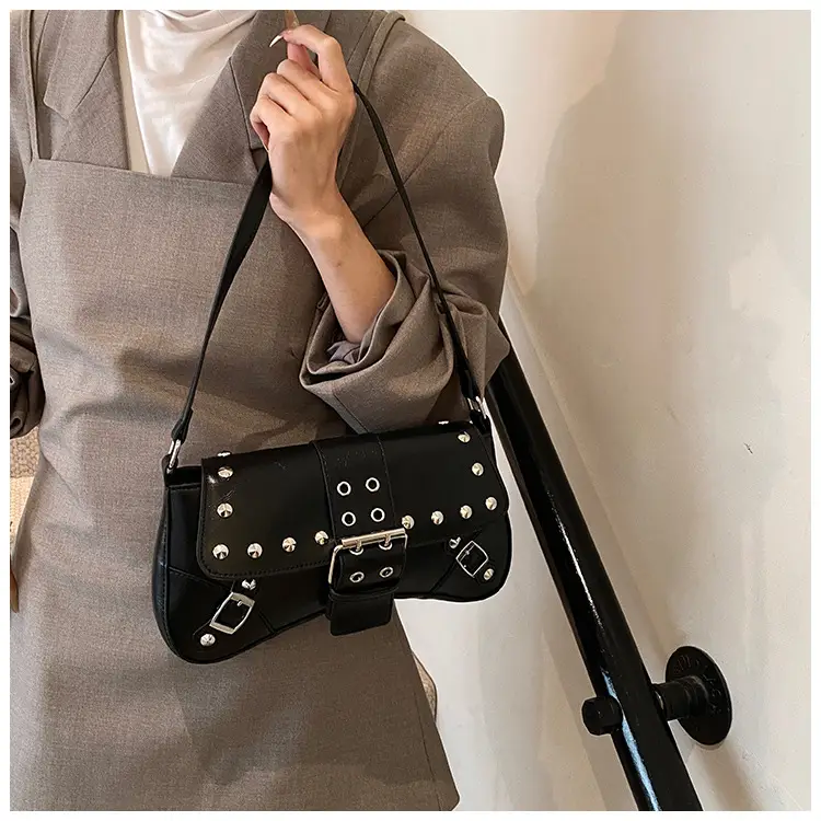 Black Leather Shoulder Bag with Metal Buckles — feature 22