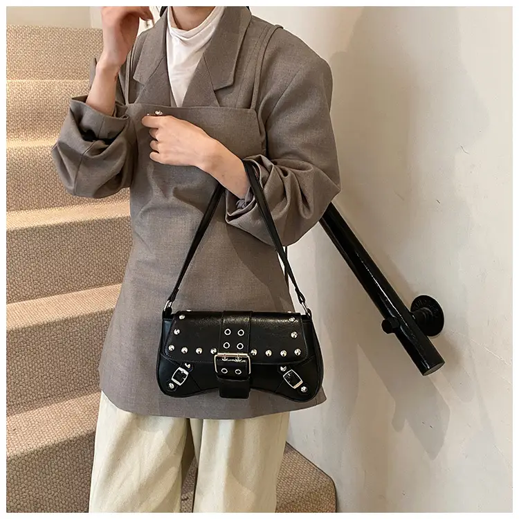 Black Leather Shoulder Bag with Metal Buckles — feature 23