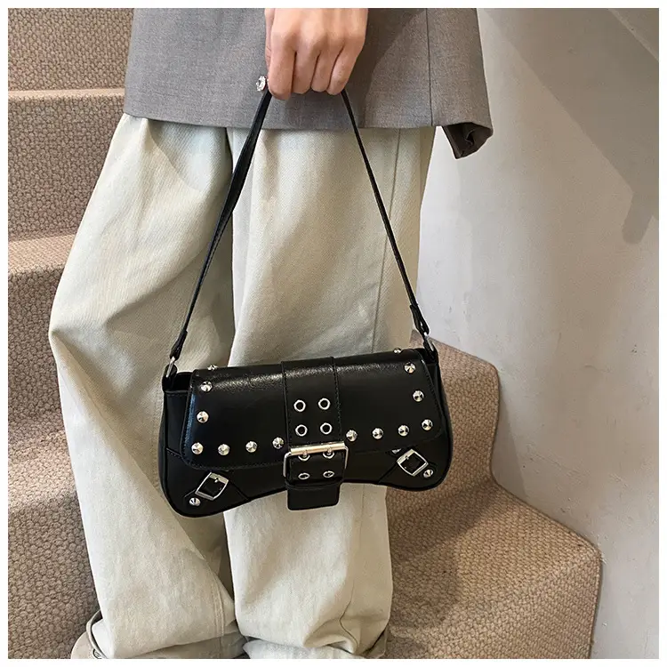 Black Leather Shoulder Bag with Metal Buckles — feature 24