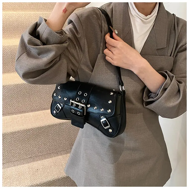 Black Leather Shoulder Bag with Metal Buckles — feature 25