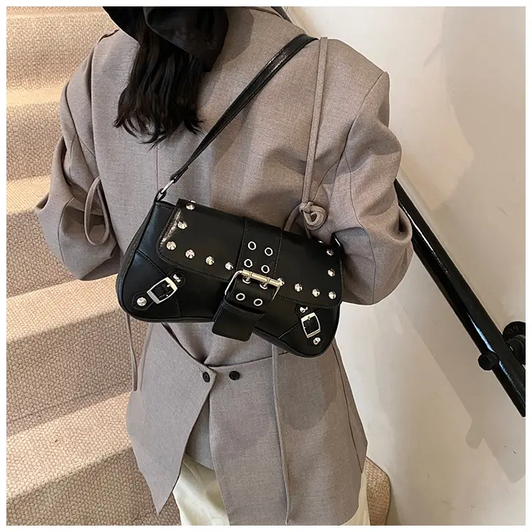 Black Leather Shoulder Bag with Metal Buckles — feature 26