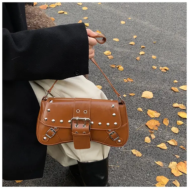 Black Leather Shoulder Bag with Metal Buckles — feature 27