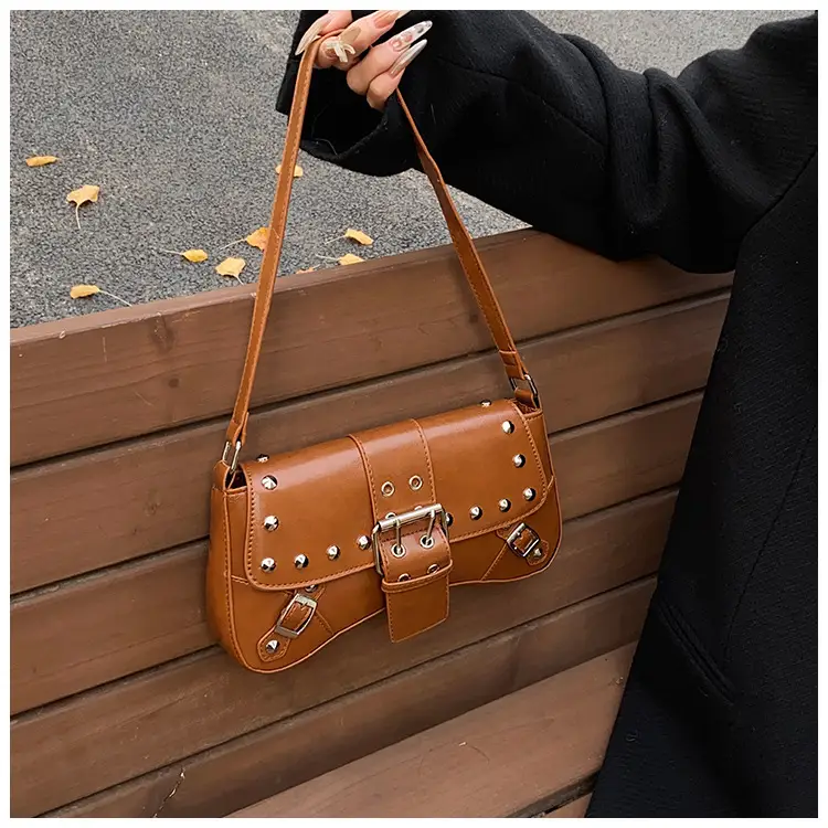 Black Leather Shoulder Bag with Metal Buckles — feature 28