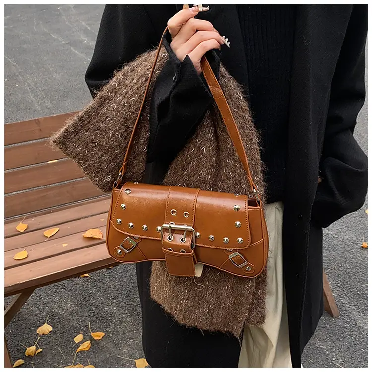 Black Leather Shoulder Bag with Metal Buckles — feature 29