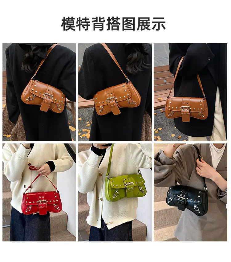 Black Leather Shoulder Bag with Metal Buckles — feature 3