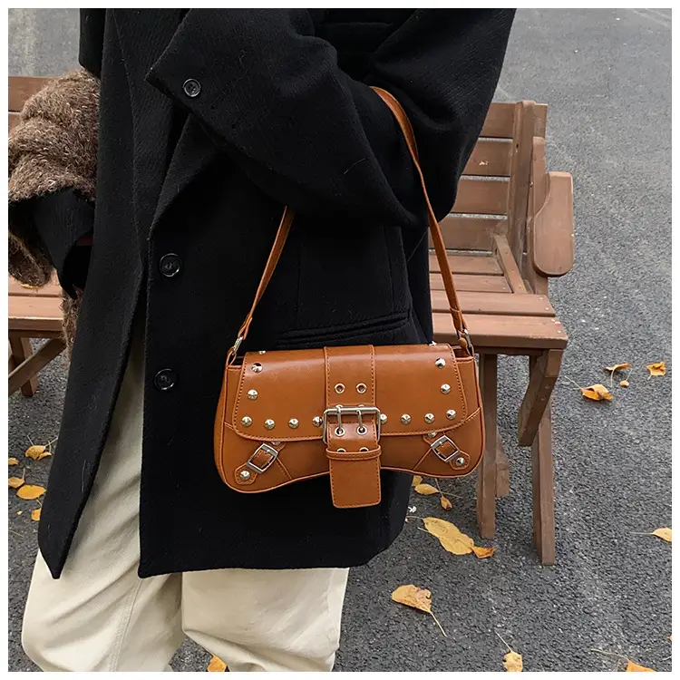 Black Leather Shoulder Bag with Metal Buckles — feature 30