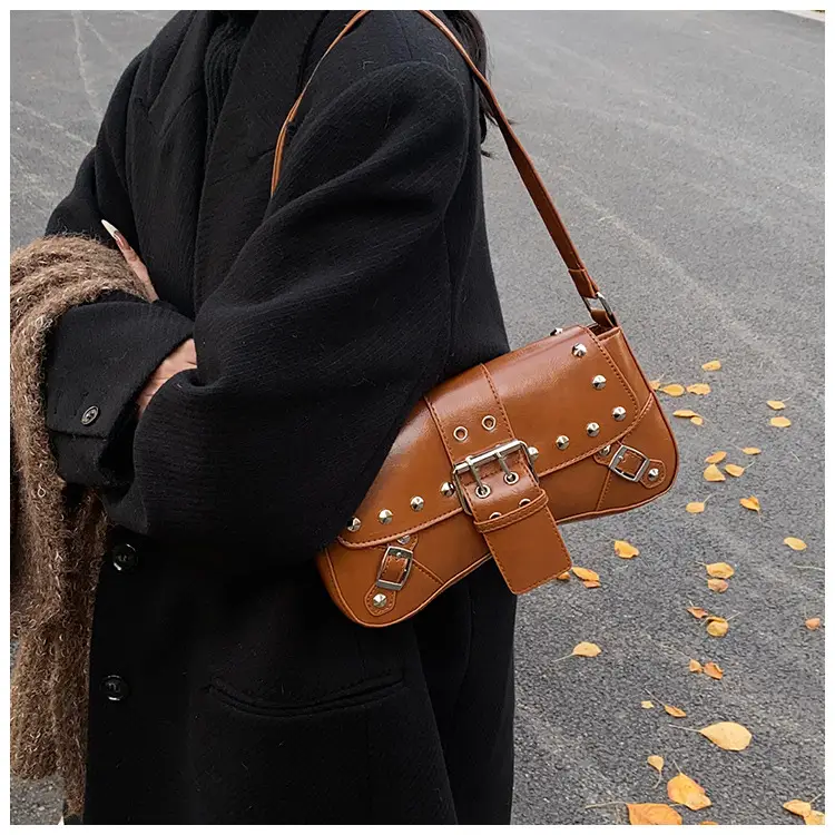 Black Leather Shoulder Bag with Metal Buckles — feature 31