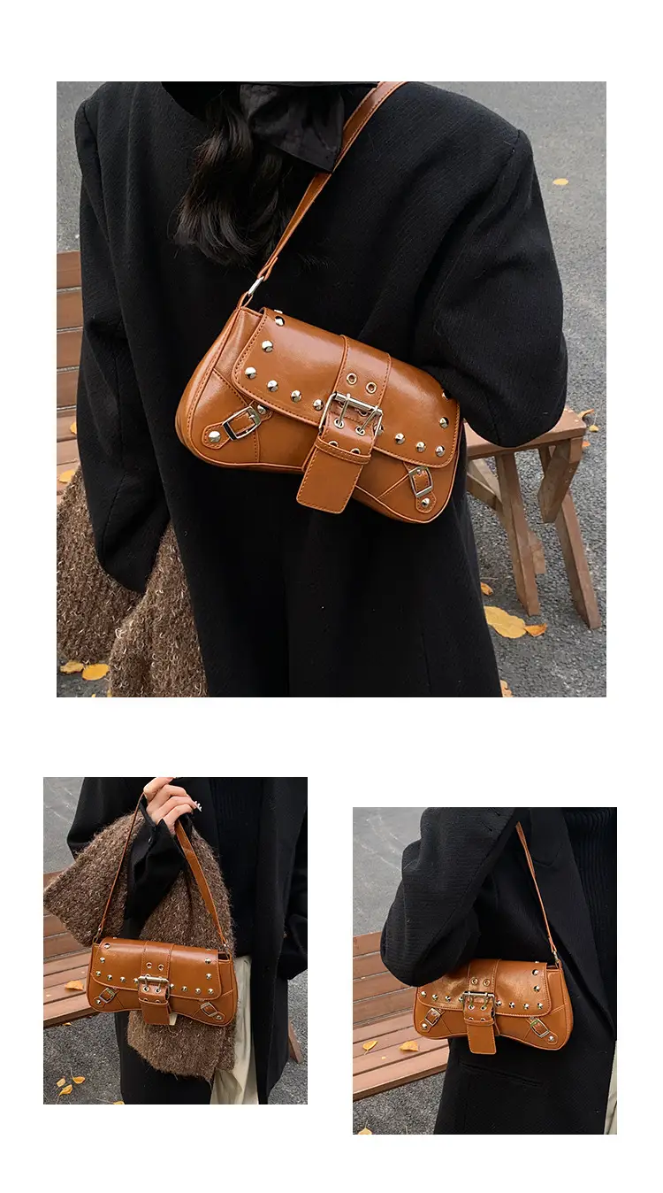 Black Leather Shoulder Bag with Metal Buckles — feature 4