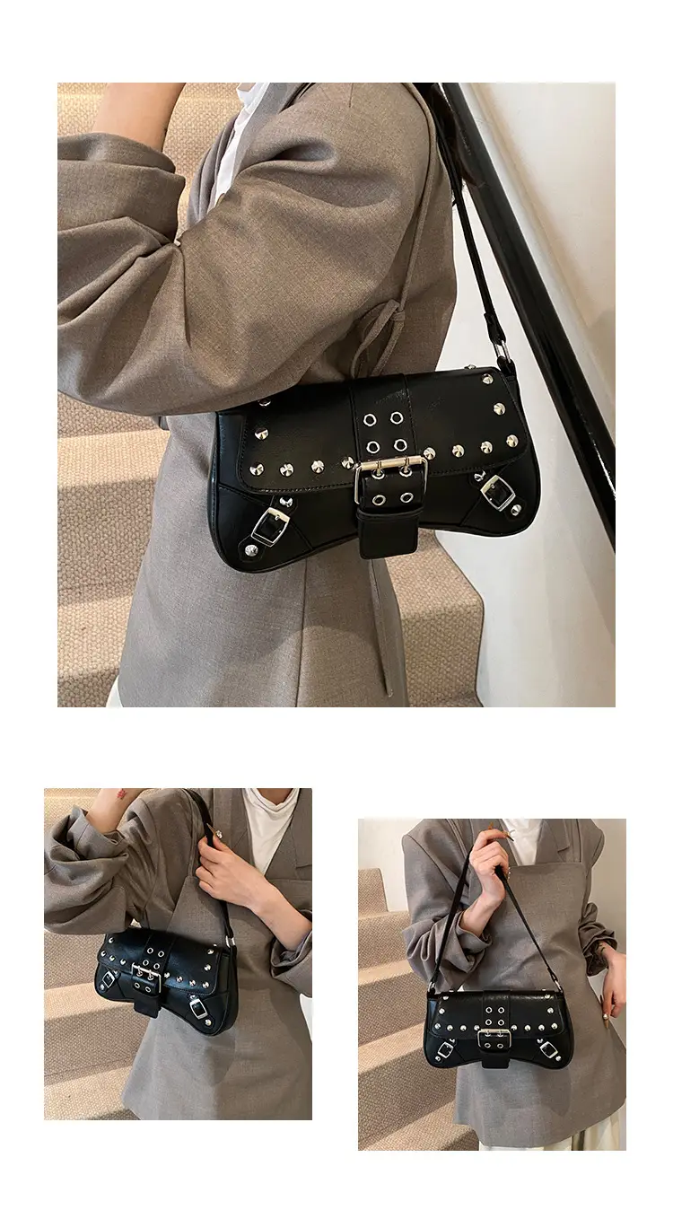 Black Leather Shoulder Bag with Metal Buckles — feature 5